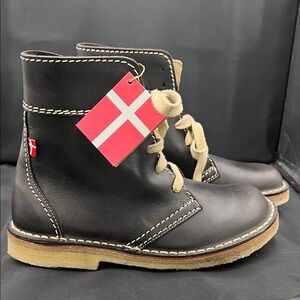 Women's Black Leather Combat Boots with Cream Laces